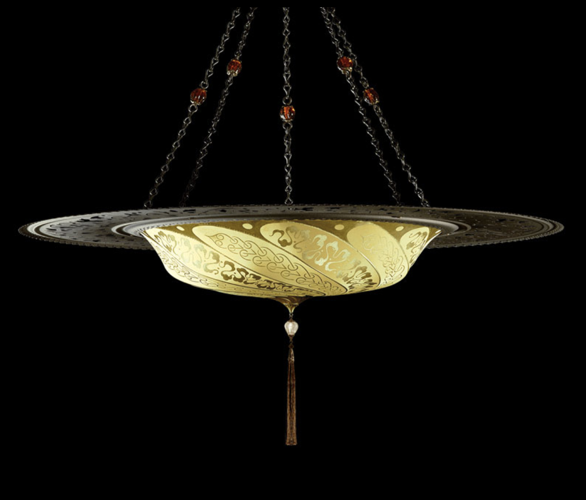 Venetia studiumvScudo Saraceno Serpentine yellow ochre silk lamp with metal ring 吊燈